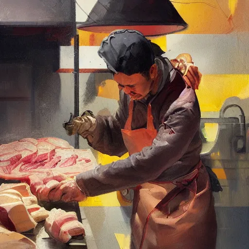 Prompt: low angle view of a butcher working,, asymmetrical, organic painting, matte painting, bold shapes, hard edges, street art, trending on artstation, by huang guangjian and gil elvgren and sachin teng, from below, worms - eye - view, close - up!!!!! low angle!!!!