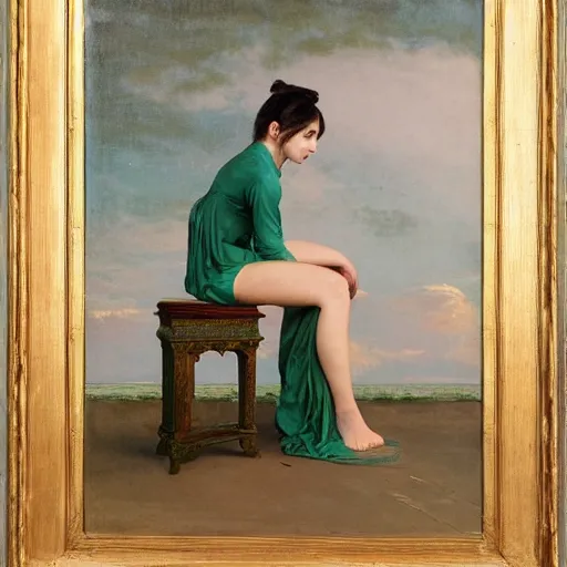 Prompt: painting by frederic edwin church, balaskas christoper, conrad roset, coby whitmore, and chie yoshii. of a beautiful girl sitting on a stool facing away from viewer in bungalow