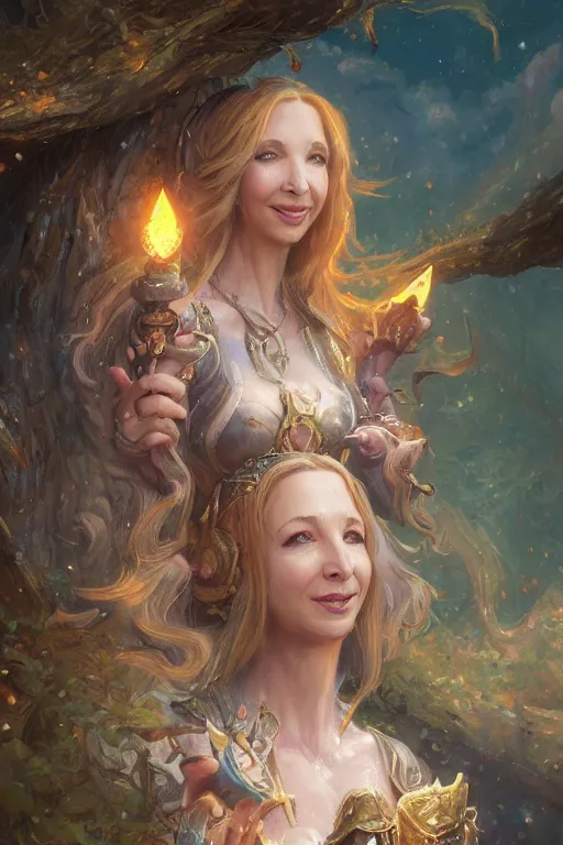 Image similar to lisa kudrow, mushroom kingdom, fantasy character portrait, concept art, sorceress, magical aura, bright, interesting angle, intricate details, highly detailed by greg rutkowski, gaston bussiere, simon bisley