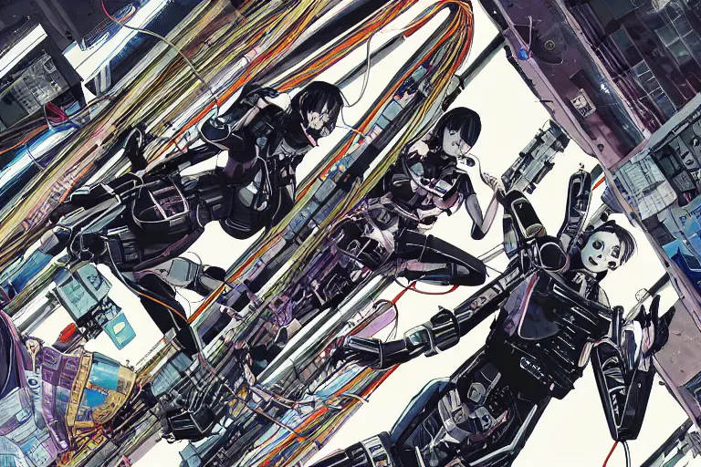 Prompt: a cyberpunk illustration of a group of three coherent female androids in style of masamune shirow, lying on an empty, white floor with their bodies broken scattered rotated in different directions and cables and wires coming out, by yukito kishiro and katsuhiro otomo, hyper-detailed, intricate, view from above