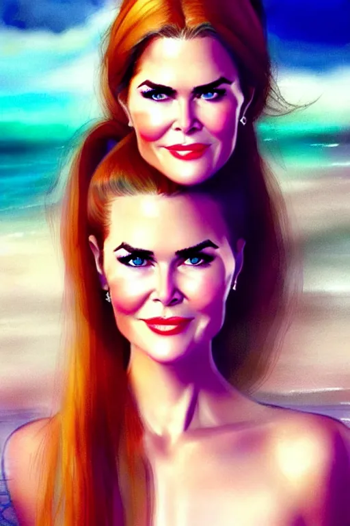 Image similar to mix of beautiful young maria shriver, mariel hemmingway, brooke shields, nicole kidman and elle macpherson as a mermaid, thin lips, hair tied up in a pony tail, dark hair, colorful, artstation, cgsociety