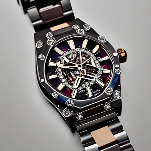Image similar to vvs diamond alexandrite watch, intricate design, rolex, cogs and gears, steampunk watch, richard mille, promotional photo, 8 k photography
