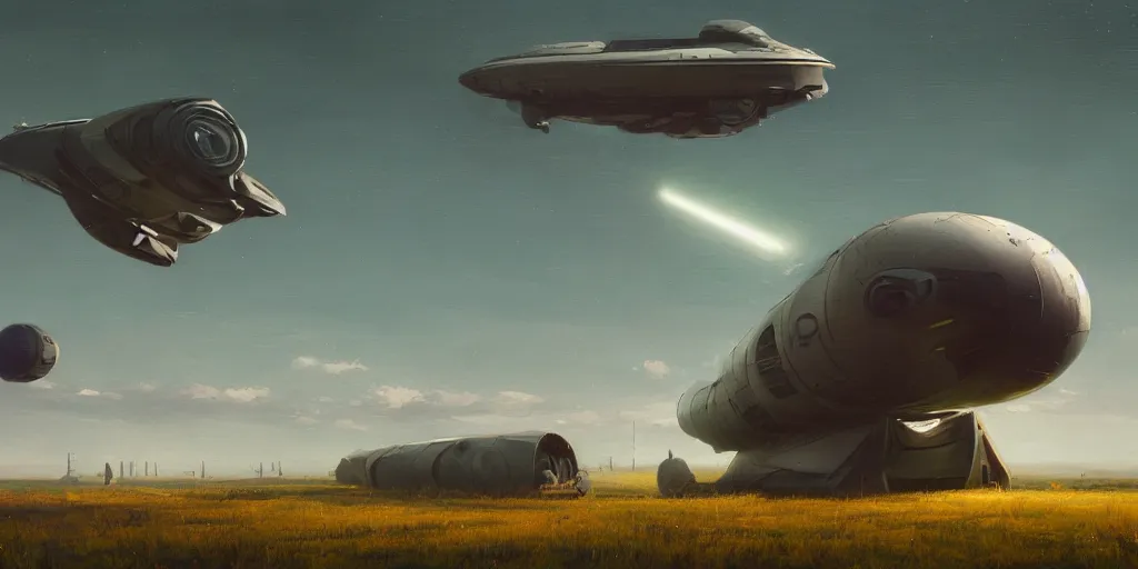 Prompt: a spaceship taking off from a field, by stalenhag, cinematic lighting, detailed oil painting, hyperrealistic, 8k
