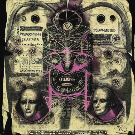 Image similar to post - punk new age album cover, asymmetrical design, dollar bank notes, capitalism, magic, apocalypse, psychedelic, black white pastel pink, slightly holographic, magic, giger h. r., giuseppe arcimboldo, peder balke