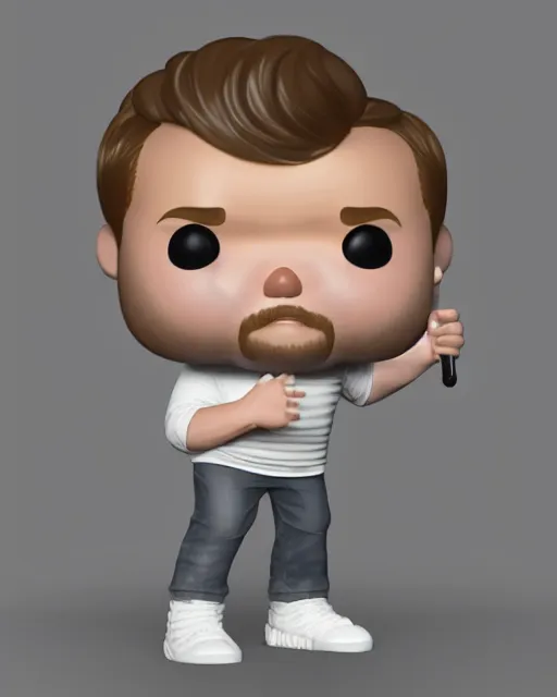 Image similar to full body 3d render of James Corden as a funko pop, studio lighting, white background, blender, trending on artstation, 8k, highly detailed , intricate details