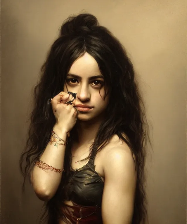 Image similar to a portrait of camila cabello by roberto ferri, dark fantasy, witcher, very detailed oil painting, masterpiece, 8 k