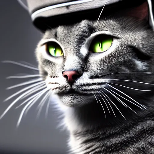 Prompt: a cat wearing a general\'s hat, it has an arrogant look in it\'s eyes and looks down at you, a war torn city in the background, epic full shot, cinematic lighting, professional photography, sharp focus, octane render, highly detailed, very realistic, photorealistic, Artstationhd, 8k, award winning on Artstation, hyper detailed, hyper realistic