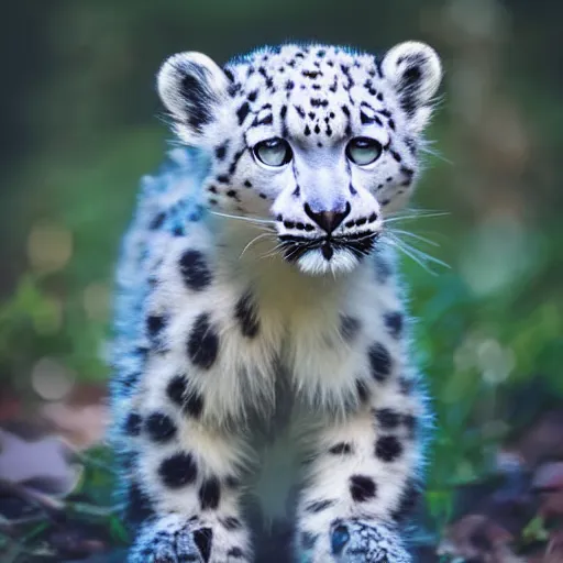 Image similar to very very very very very cute chibi baby snow leopard, portrait, pixar style, forest background, cinematic lighting, award winning creature portrait photography