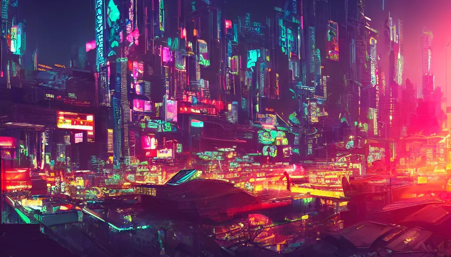 Prompt: cyberpunk city with neon signs in chinese and mcdonald's built in the mountains with waterfalls and forest at the foot of green gigantic mountains at sunset, fireplace, hyperdetailed, artstation, cgsociety, 8 k