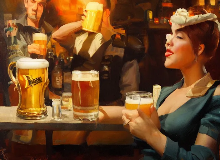 Image similar to greg manchess still - life painting of a delicious mug of beer in an orcish dieselpunk bar, close - up, organic painting, matte painting, bold shapes, hard edges, street art, trending on artstation, by huang guangjian and gil elvgren and sachin teng