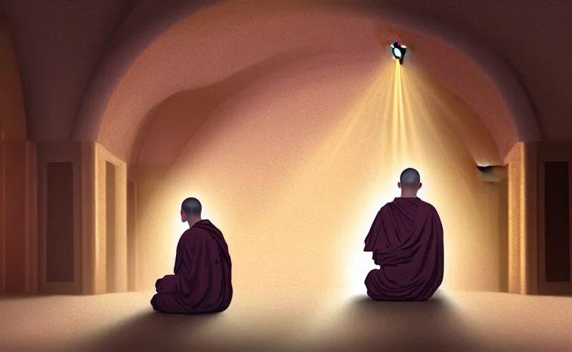 Image similar to distant monk sitting inside a peaceful marble temple while being illuminated by a ray of light, blissful, digital oil painting