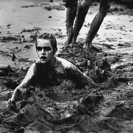 Image similar to emma watson rising out of muddy vietnam river, face covered in mud, low camera angle at water level, night time, film still from apocalypse now ( 1 9 7 9 ), 2 6 mm,