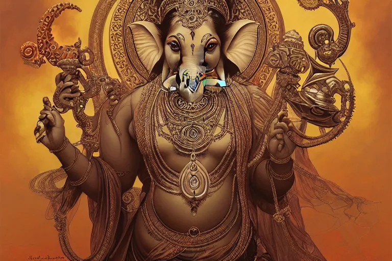 Image similar to rhodium ganesha, mandala, fantasy, intricate, elegant, highly detailed, digital painting, artstation, concept art, matte, sharp focus, illustration, art by artgerm and greg rutkowski and alphonse mucha