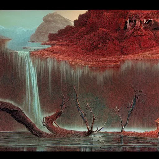 Prompt: Landscape with rivers and waterfalls of blood by Wayne Barlowe