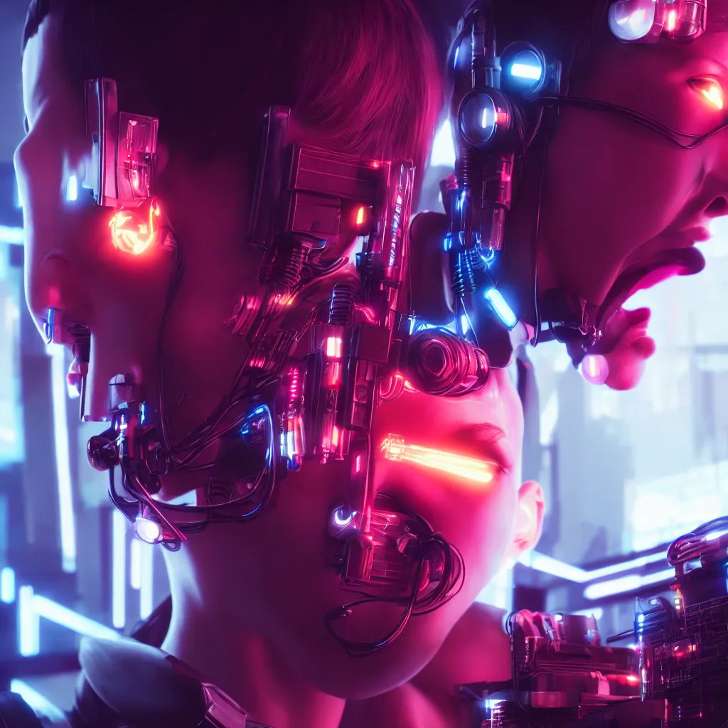 Image similar to photo of a cyberpunk composer licking synthesizers, trending on artstation, symmetrical, frustrated face, cinematic, hyperrealism, high detail, octane render, 8k, unreal engine 5