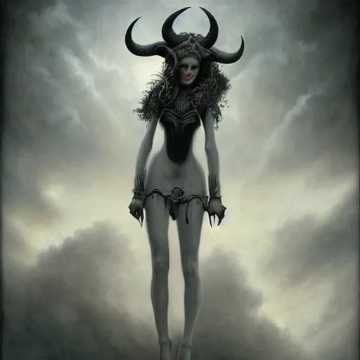 Image similar to By Tom Bagshaw, ultra realist soft painting of zynoid curiosities by night, very beautiful horned single dollpunk gothic fully dressed, symmetry accurate features, very intricate details, ominous sky, black and white, volumetric light clouds