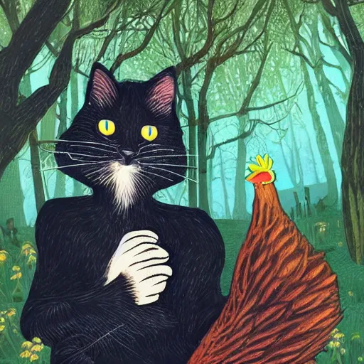 Image similar to a fabulous old woman with a sly face, a long nose and a wart on it. there is a black cat nearby. the background of huge chicken paws on top is a hut. fabulous enchanting dense forest around. very clear image. hyperrealistic.