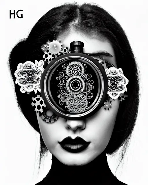 Prompt: black and white masterpiece profile portrait, one steampunk eye silver hexagonal meshes floral biomechanical beautiful young female cyborg, big monocular, volumetric light, hibiscus flowers, by hg giger, rim light, big gothic fashion pearl embroidered collar, 8 k