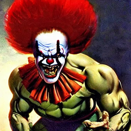 Image similar to frank frazetta the hulk as pennywise, whole body shot, 8 k, realistic, photo real, smooth, sharp, intricate detail, hyper detail, dramatic lighting, dramatic shading