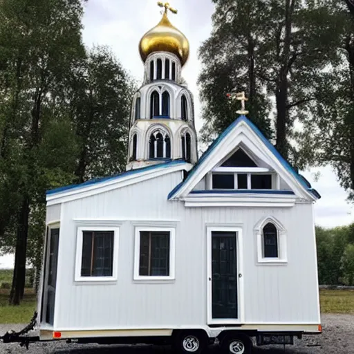 Image similar to tiny home that looks exactly like saint volodymyr's cathedral but on a trailer