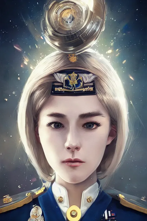 Image similar to beautiful portrait of a female officer wearing a fancy naval uniform, art by wlop and artgerm, science fiction, intricate detail, blonde hair, space background, trending on artstation, sharp focus, illustration, caustics, octane render, radiant light, 4 k