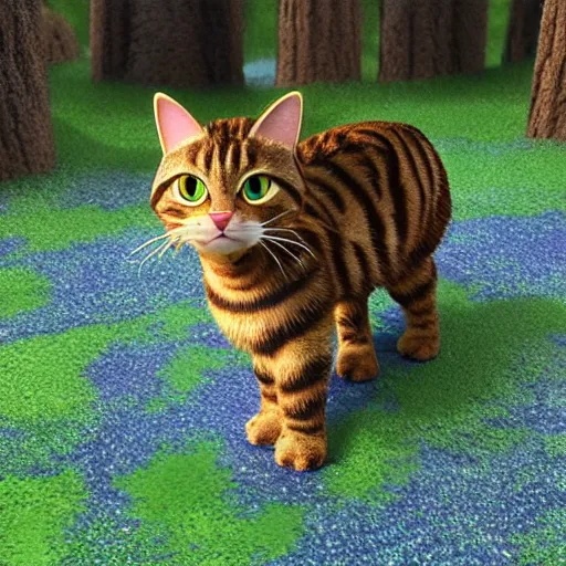 Image similar to pixar movie, brown tabby cat, 3 d, pixar _ tabby _ cat in a forest