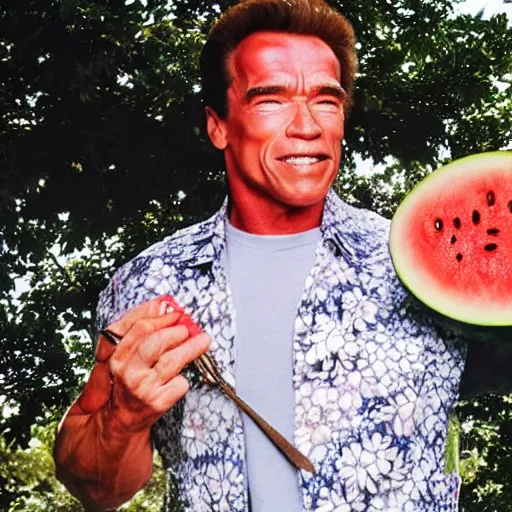 Image similar to photo, arnold schwarzenegger eats watermelon, japanese kimono, high heels, under sakura tree, camera on face