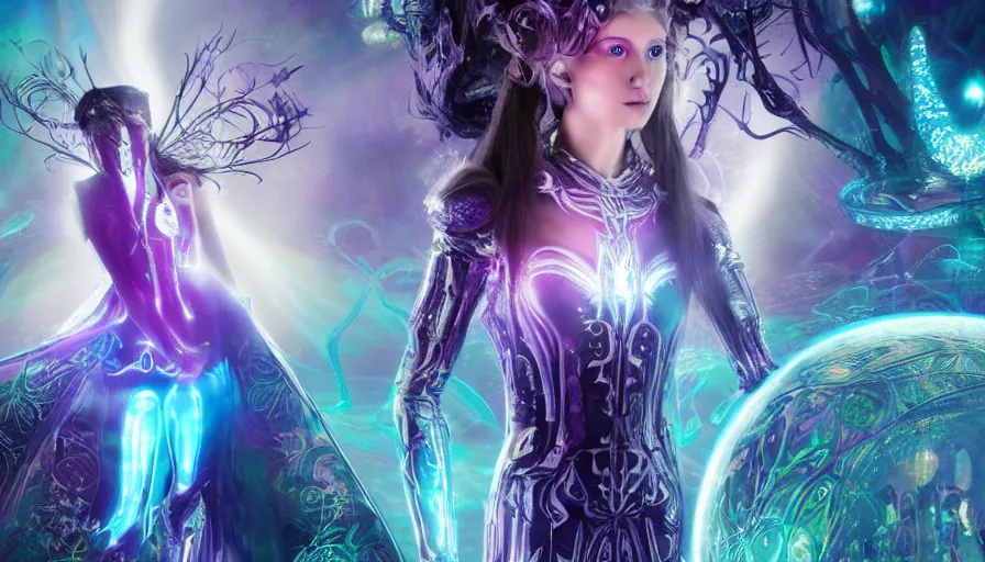 Prompt: Ethereal, mysterious stunning maximalist mesmerizing elven girl from the rainbow sky paradise in Tron: Legacy (2010), Victorian gothic lolita fashion, IMAX Cinematography by Roger Deakins, 4K