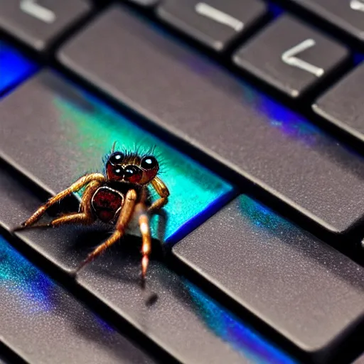 Prompt: a jumping spider pressing keyboard keys, by pixar, macro lens, iridescent, character concept art