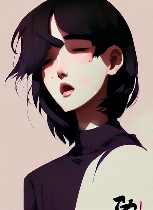 Prompt: highly detailed closeup portrait of cool black hair short, cinnamon skin teen, korean, black suit by atey ghailan, by greg rutkowski, by greg tocchini, by james gilleard, by joe fenton, by kaethe butcher, gradient dark purple, black and white color scheme, grunge aesthetic!!! ( ( graffiti tag wall background ) )