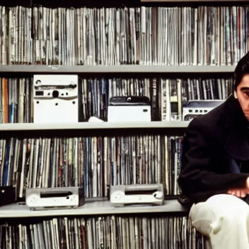 Prompt: michael corleone, dejected, sitting on a pile of xbox consoles, in front of a shelf of video game cd