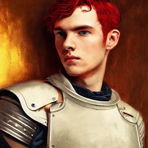 Prompt: masterpiece closeup portrait of a young man with red hair in leather armor with an apron by Greg Rutkowski, 4k, masterpiece, cinematic, dungeons and dragons, detailed