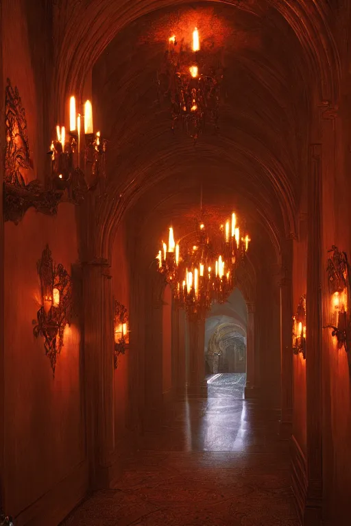 Prompt: a matte painting gothic hallway with sconces of flickering candles colorful by, tyler edlin