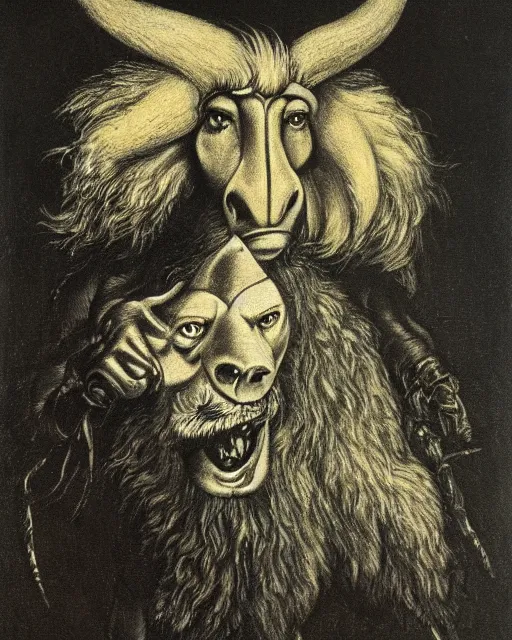 Image similar to a creature with the body and eyes of a man, with the beak of an eagle, the mane of a lion, and the horns of an ox. drawn by francis bacon