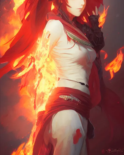 Image similar to red eyed anime girl, flames everywhere, highly detailed, digital painting, artstation, concept art, smooth, sharp focus, illustration, art by artgerm and greg rutkowski and alphonse mucha