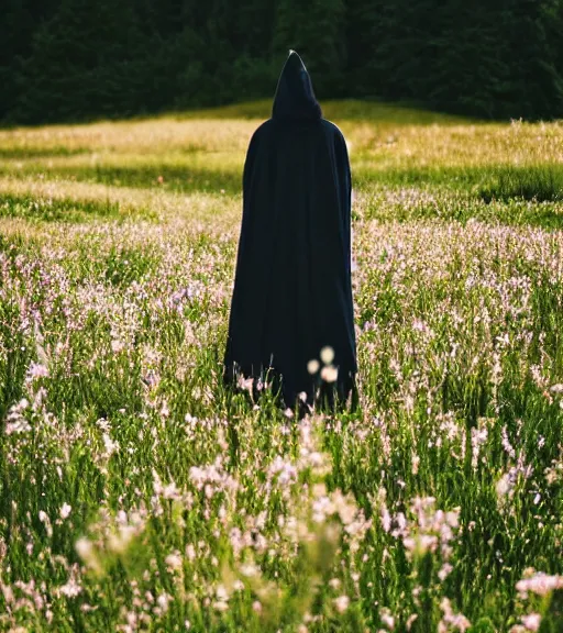 Prompt: tall hooded shadow person figure standing in distance at beautiful meadow of flowers, film photo, grainy, high detail, high resolution