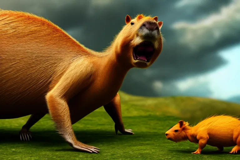 Image similar to two animals : a capybara and a dragon, a dragon growls at a capybara, many details, high quality, 8 k