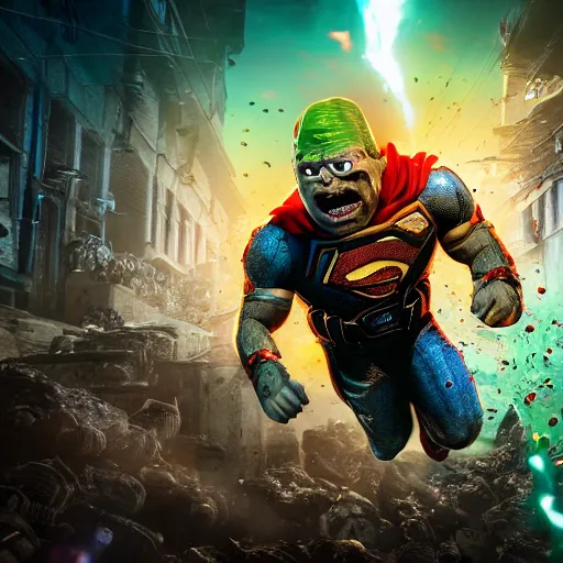 Image similar to pickle rick! as superman! flying in ( gears of war ), splash art, movie still, detailed face, photorealistic facial features, cinematic lighting, dramatic, octane render, long lens, shallow depth of field, bokeh, anamorphic lens flare, 8 k, hyper detailed, 3 5 mm film grain
