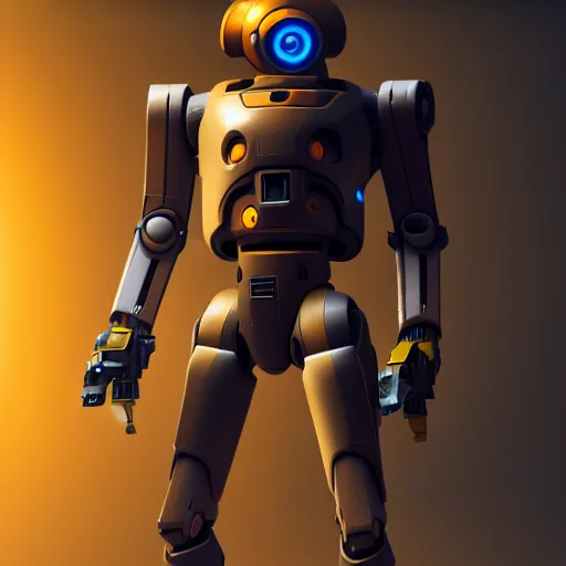 Image similar to a droid sniper hero from overwatch, dark golden armor, design, octane render, 4 k, ingame shot, very detailed