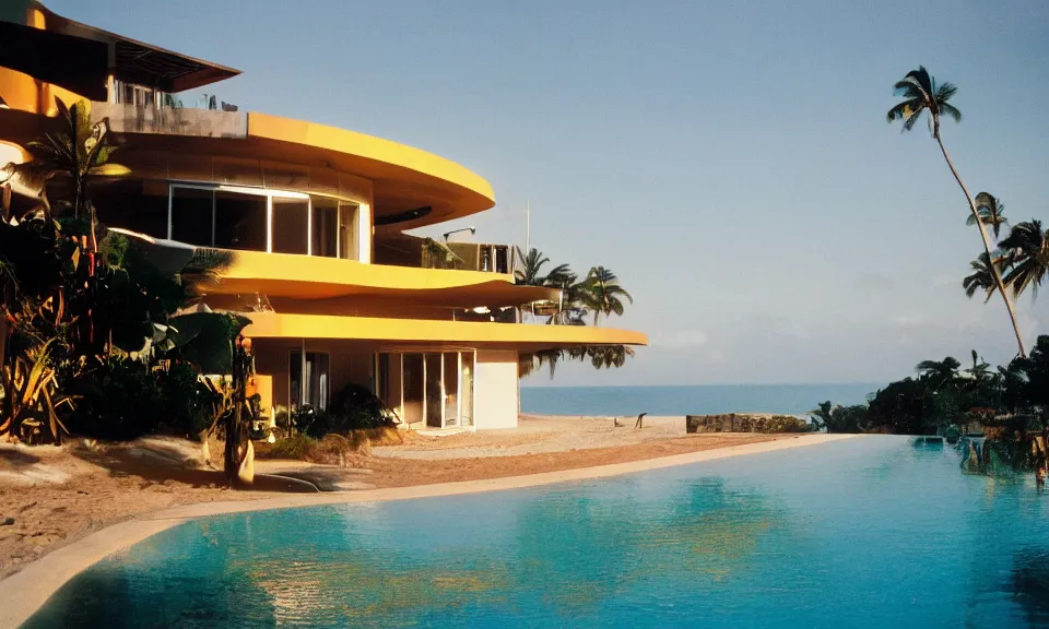 Image similar to 35mm film still, morning light over futuristic low-Fi villa on the beach at a tropical island, vivid , color palette of gold, infinity pool in front of house