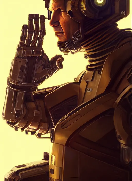 Image similar to symmetry!! portrait of harrison ford, solo gold sci - fi armour, tech wear, glowing lights!! sci - fi, intricate, elegant, highly detailed, digital painting, artstation, concept art, smooth, sharp focus, illustration, art by artgerm and greg rutkowski and alphonse mucha