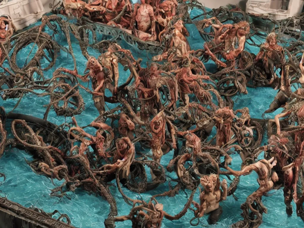 Image similar to diorama of the raft of the medusa as an animatronic schlock body horror comedy film, fun, animatronic figures, Sally Corporation, Garner Holt, Chris Walas, Rick Baker, Rob Bottin, Alec Gillis, Tom Woodruff Jr, Tom Savini, Stan Winston, lurid, vivid colors, neon lights, rubber latex, plastic, realistic materials, fleshy, Cronenberg, daylight, photo real, wet, slimy, wide angle, rule of thirds, 28mm, 1984, Eastman EXR 50D 5245/7245