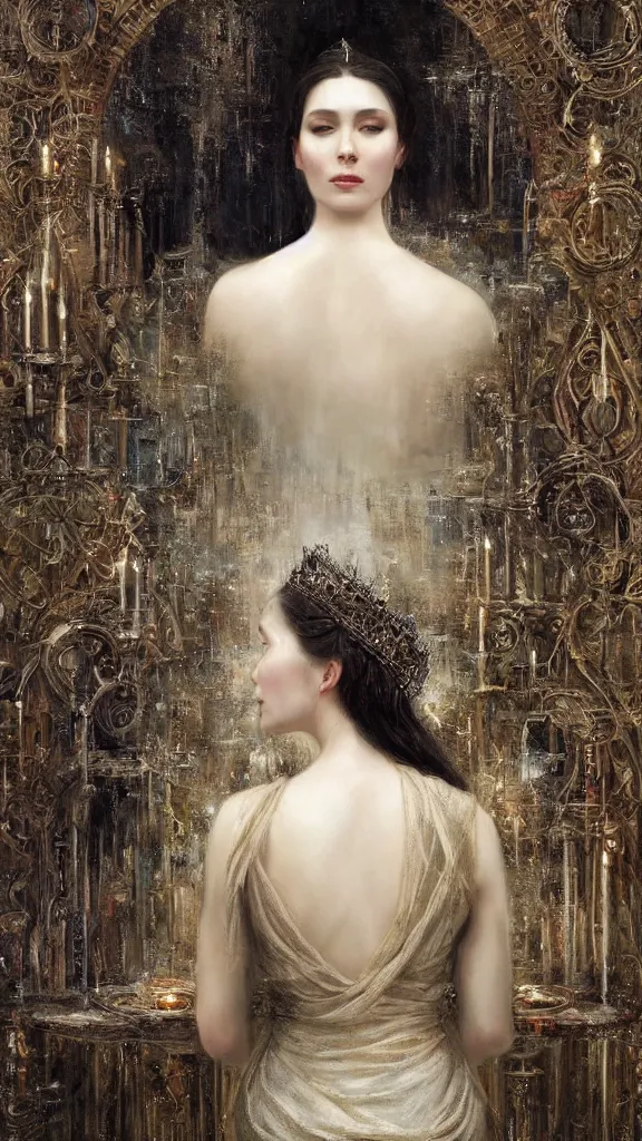 Image similar to secret view from behind wide mirror of a beautiful black haired woman with pale skin and a crown on her head sitted on an intricate metal throne, very deep stillness atmosphere, silence, dimension of still moment, spiritual feeling, digital art, by daniel ridgway knight