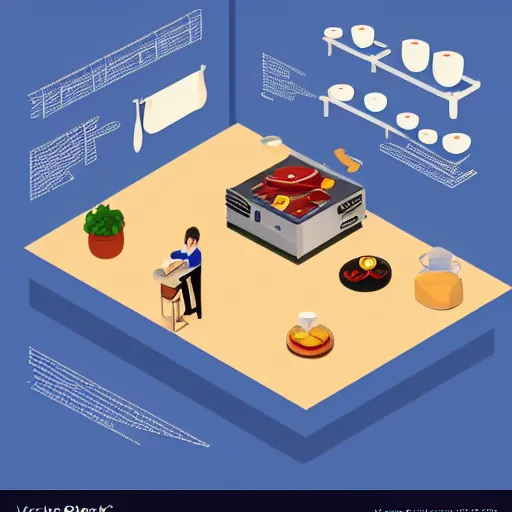 Image similar to isometric flat art of a chef cooking in the kitchen