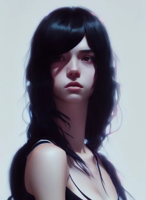 Image similar to ultradetailed beautiful stylish young lady wearing a short top, dramatic, she has black long hair, distressed, volumetric light, full body portrait by greg rutkowski, ilya kuvshinov, james jean, makoto shinkai, on artstation