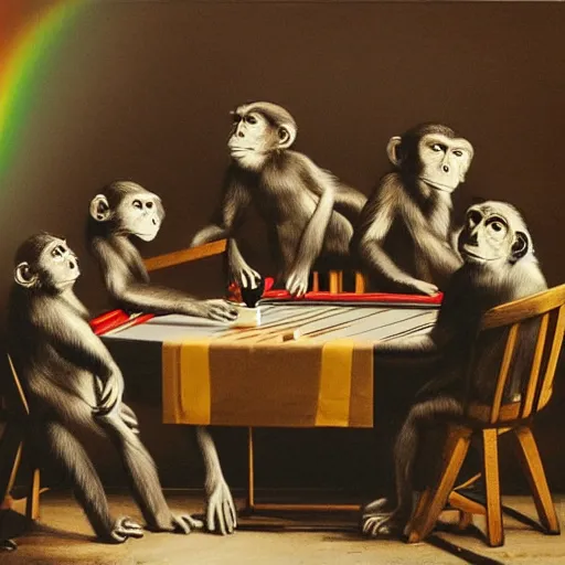 Prompt: A beautiful print of a group of monkeys playing backgammon. The monkeys are seated around a table, with some of them appearing to be deep in concentration while others appear to be playing more casually. by Simon Bisley, by Gabriel Dawe desaturated