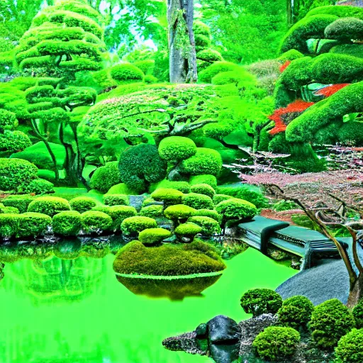 Image similar to Large Open Japanese Garden Hidden in the Middle of a Forest Guarded by a Green Dragon Made of Vines and Plant Matter, Digital Art