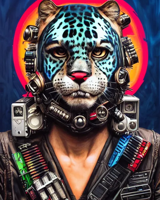 Image similar to a portrait of an anthropomorphic cyberpunk jaguar by sandra chevrier, by jon foster, detailed render, pistol in holster, tape deck, epic composition, cybernetics, 4 k realistic, cryengine, realistic shaded lighting, sharp focus, masterpiece, by enki bilal