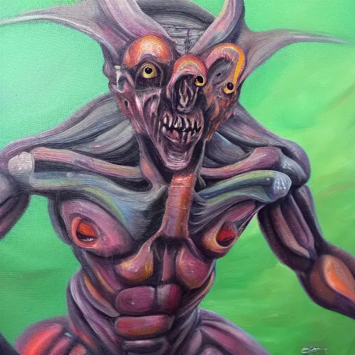 Image similar to humanoid creature, oil painting, horror