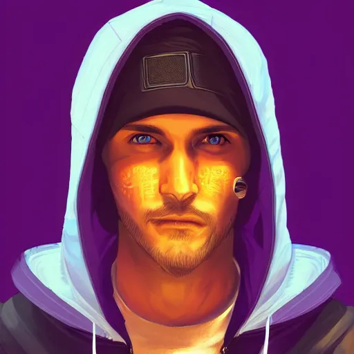 Image similar to a portrait of an ultradetailed futuristic male cyberpunk wearing a hoodie on his head, bearded, deep blue eyes, by dylan kowalski, 8 k, purple neon colours, digital painting, trending on artstation